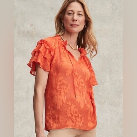 CHICO’S Blood Orange Floral Ruffle Sleeve Blouse NWT | Size 1.5 (10) - Picture 1 of 12